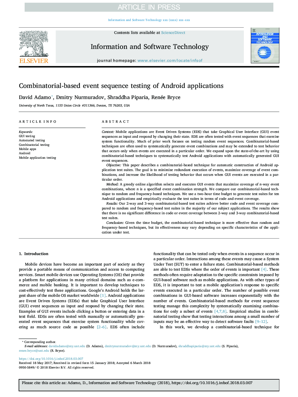 Combinatorial-based event sequence testing of Android applications