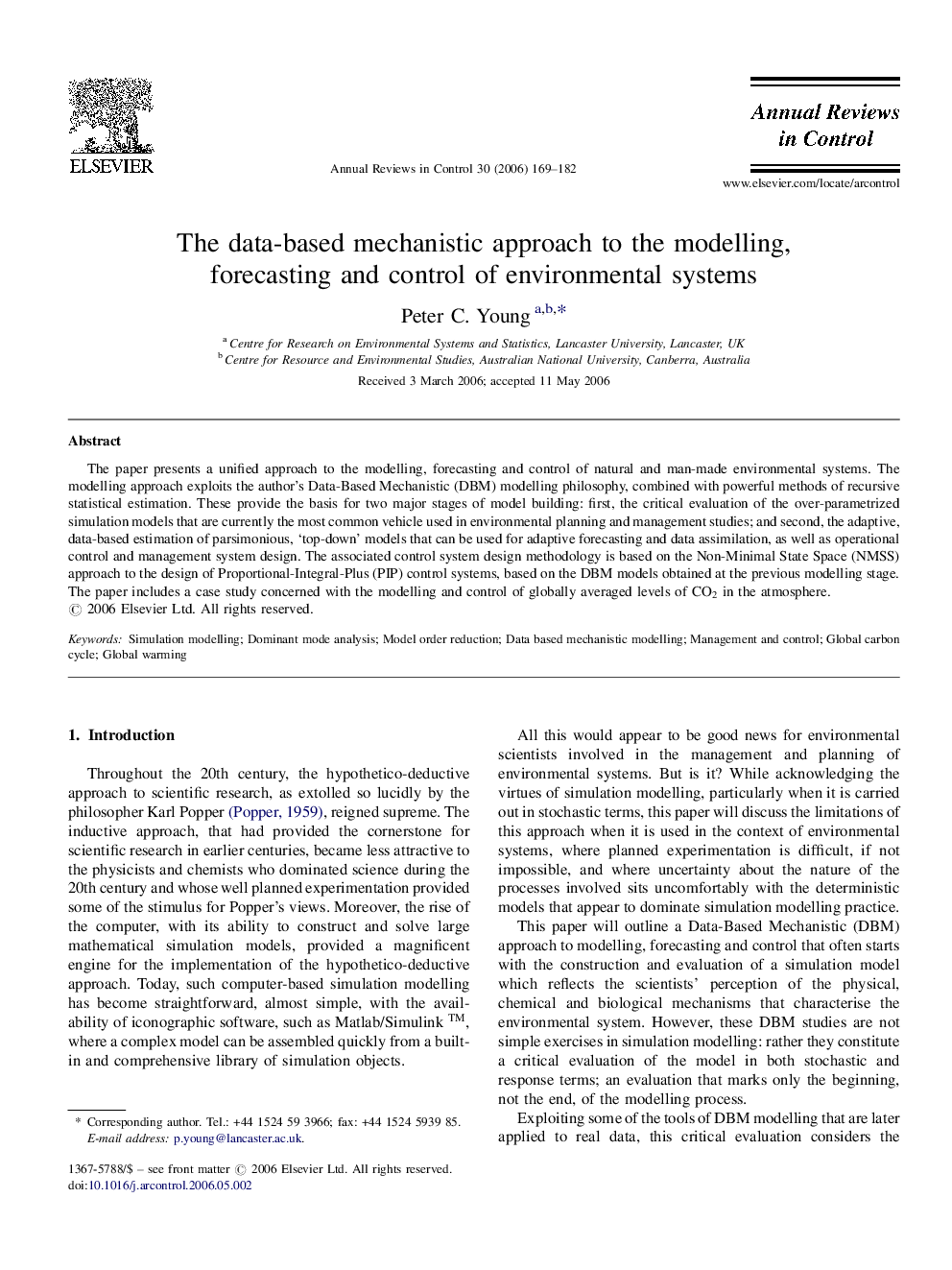 The data-based mechanistic approach to the modelling, forecasting and control of environmental systems