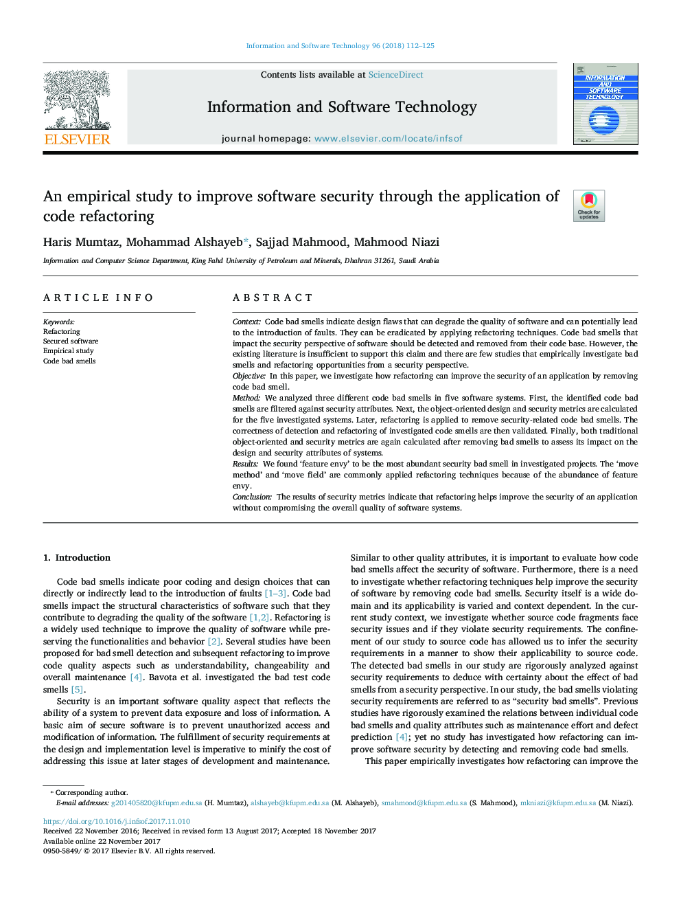 An empirical study to improve software security through the application of code refactoring