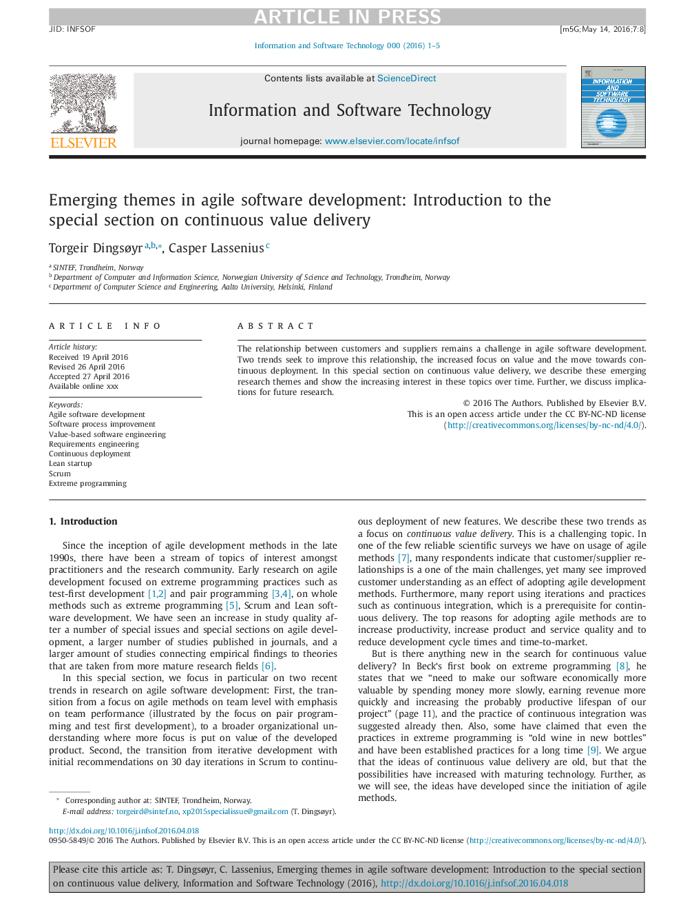 Emerging themes in agile software development: Introduction to the special section on continuous value delivery