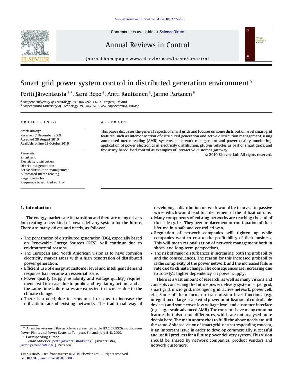 Smart grid power system control in distributed generation environment 