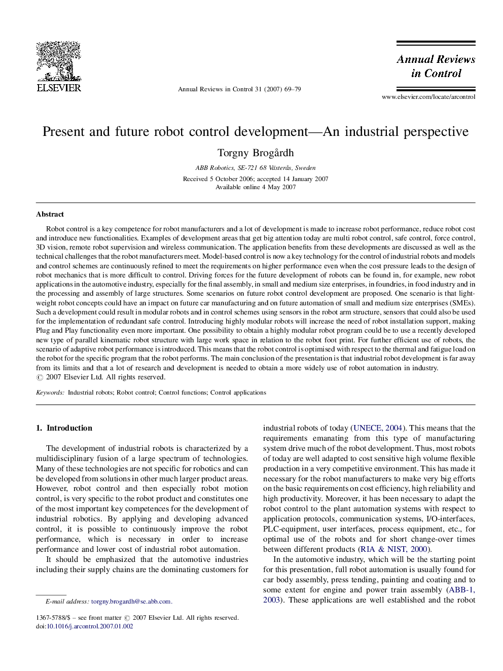 Present and future robot control development—An industrial perspective