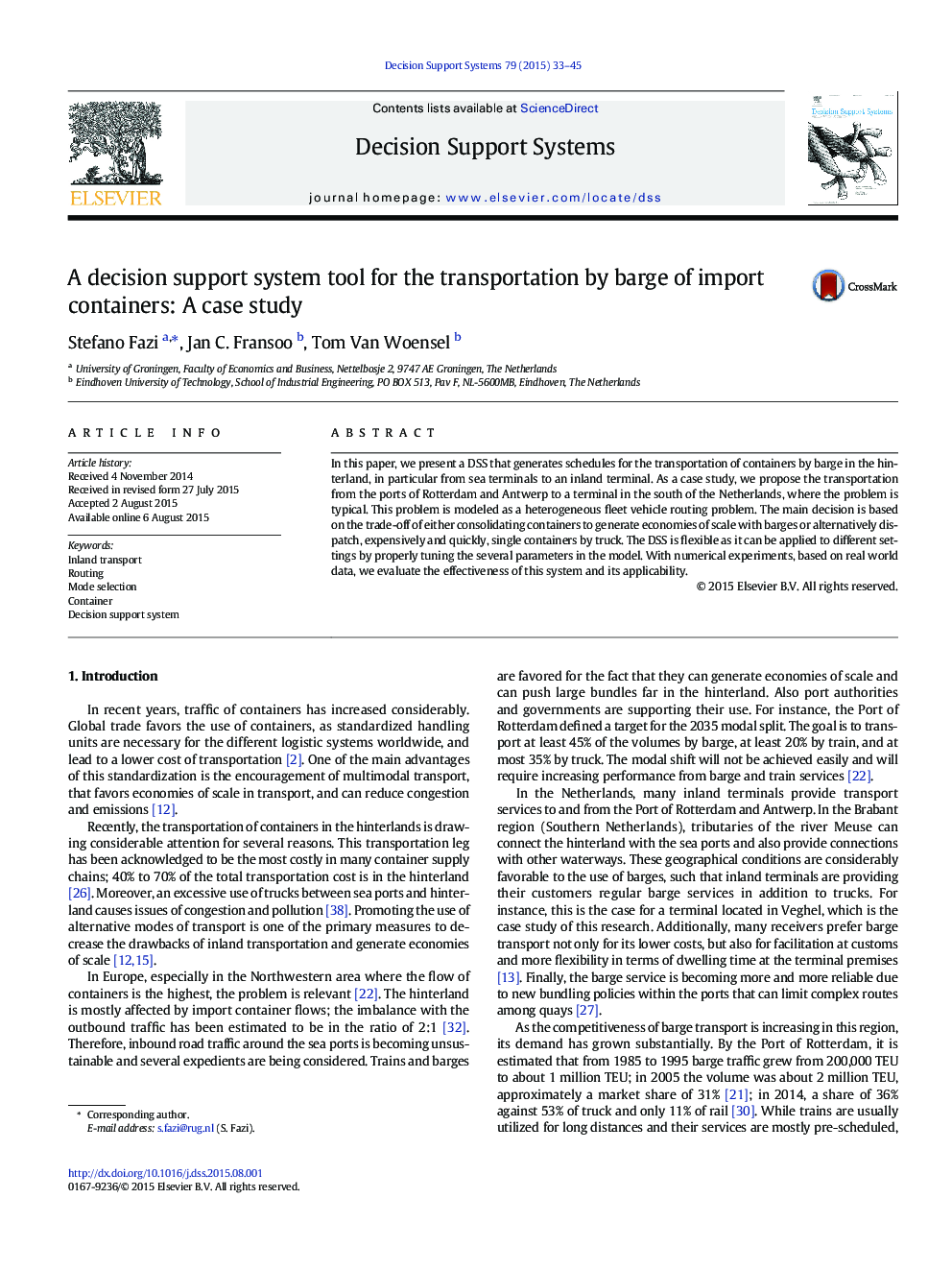 A decision support system tool for the transportation by barge of import containers: A case study