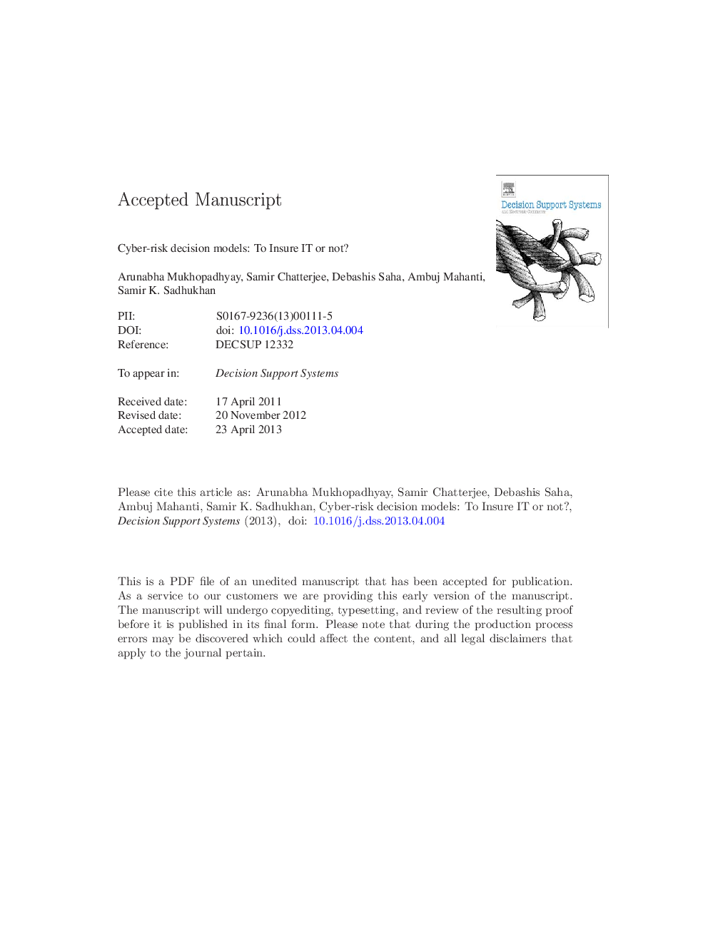 عکس صفحه اول مقاله: Cyber-risk decision models: To insure IT or not? Cyber-risk decision models: To insure IT or not?