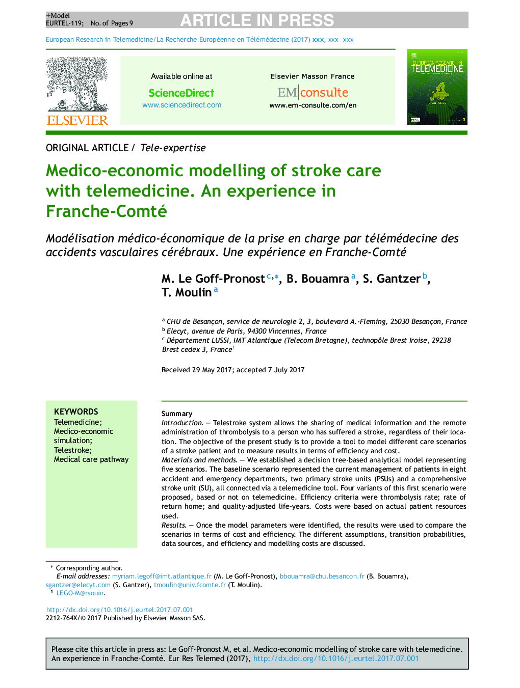 Medico-economic modelling of stroke care with telemedicine. An experience in Franche-Comté