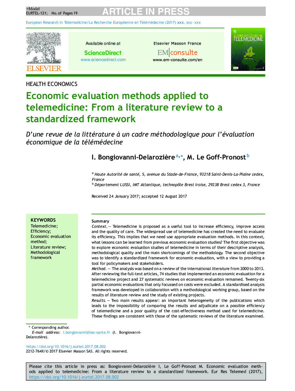 Economic evaluation methods applied to telemedicine: From a literature review to a standardized framework