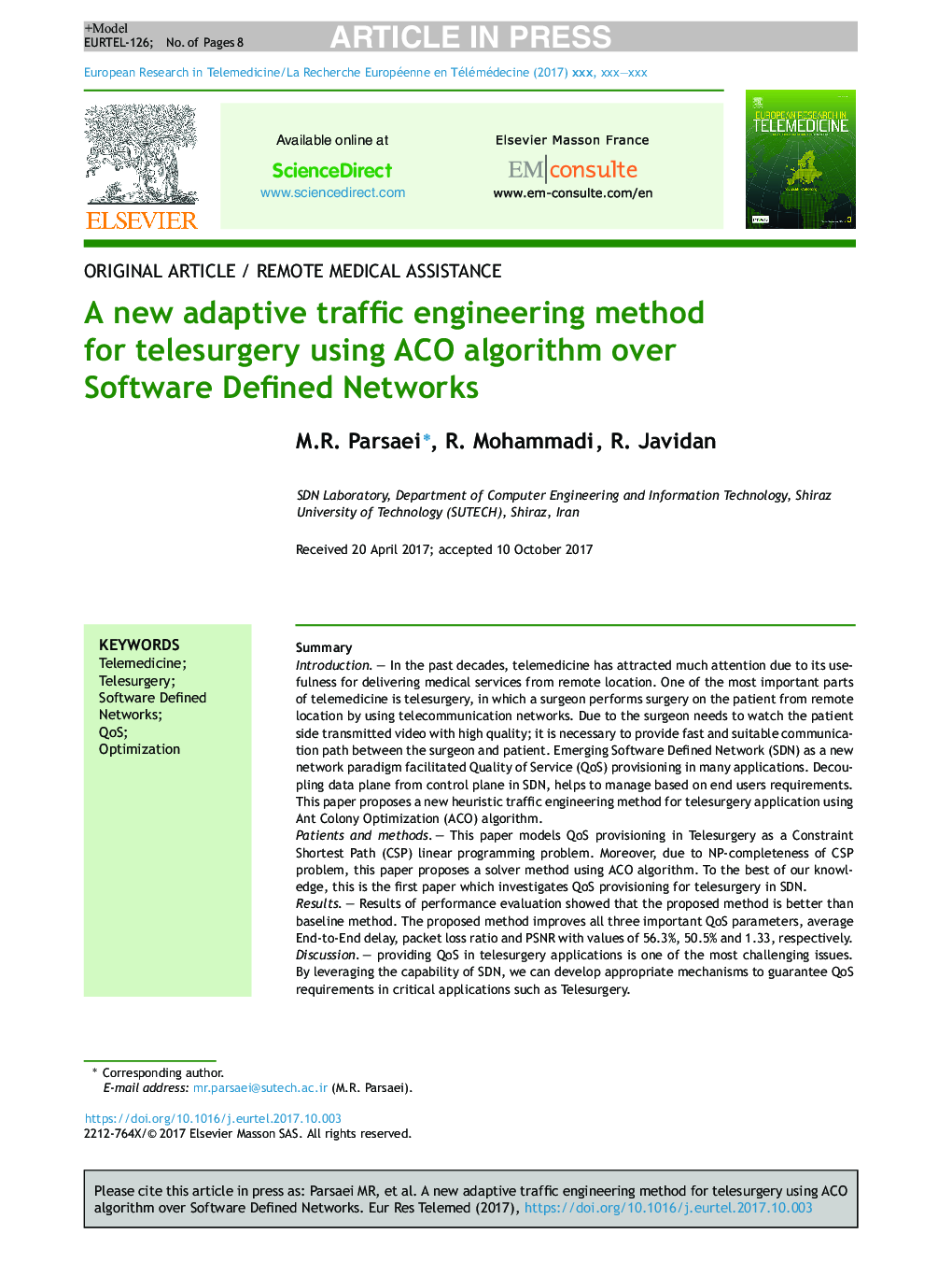 A new adaptive traffic engineering method for telesurgery using ACO algorithm over Software Defined Networks