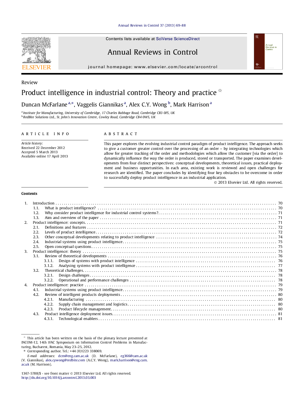 Product intelligence in industrial control: Theory and practice 