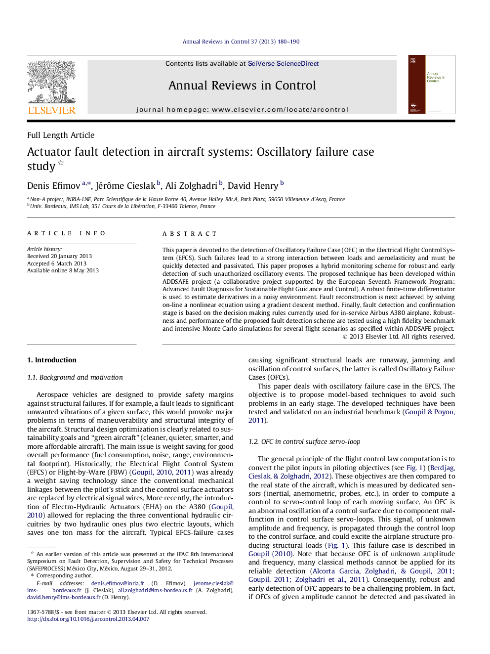 Actuator fault detection in aircraft systems: Oscillatory failure case study 