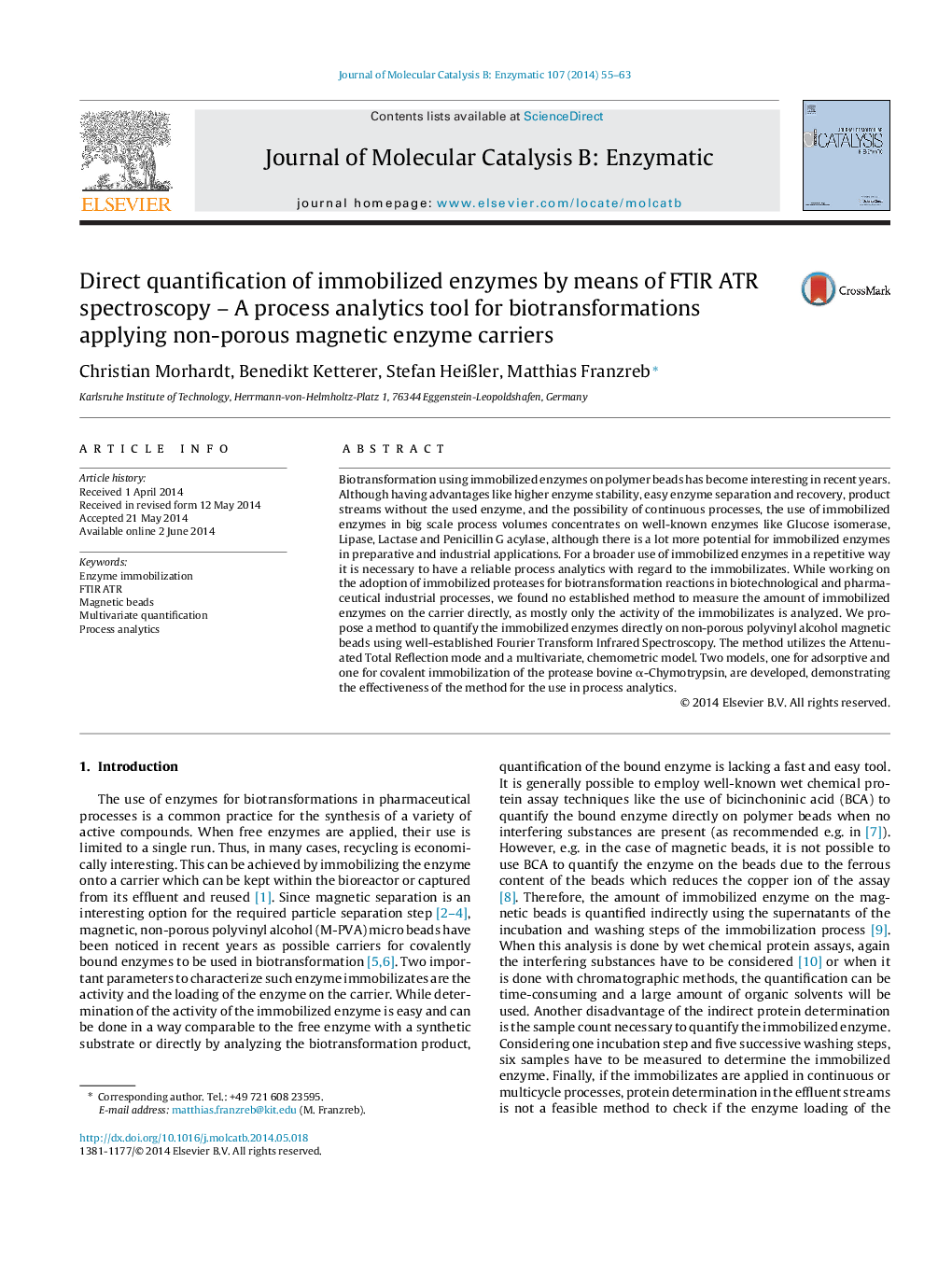 Direct quantification of immobilized enzymes by means of FTIR ATR spectroscopy – A process analytics tool for biotransformations applying non-porous magnetic enzyme carriers