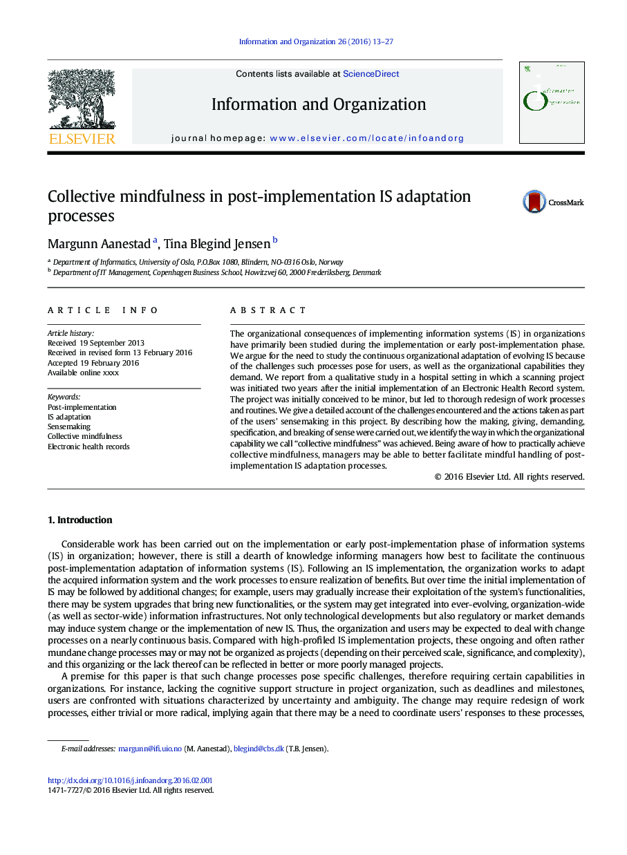 Collective mindfulness in post-implementation IS adaptation processes