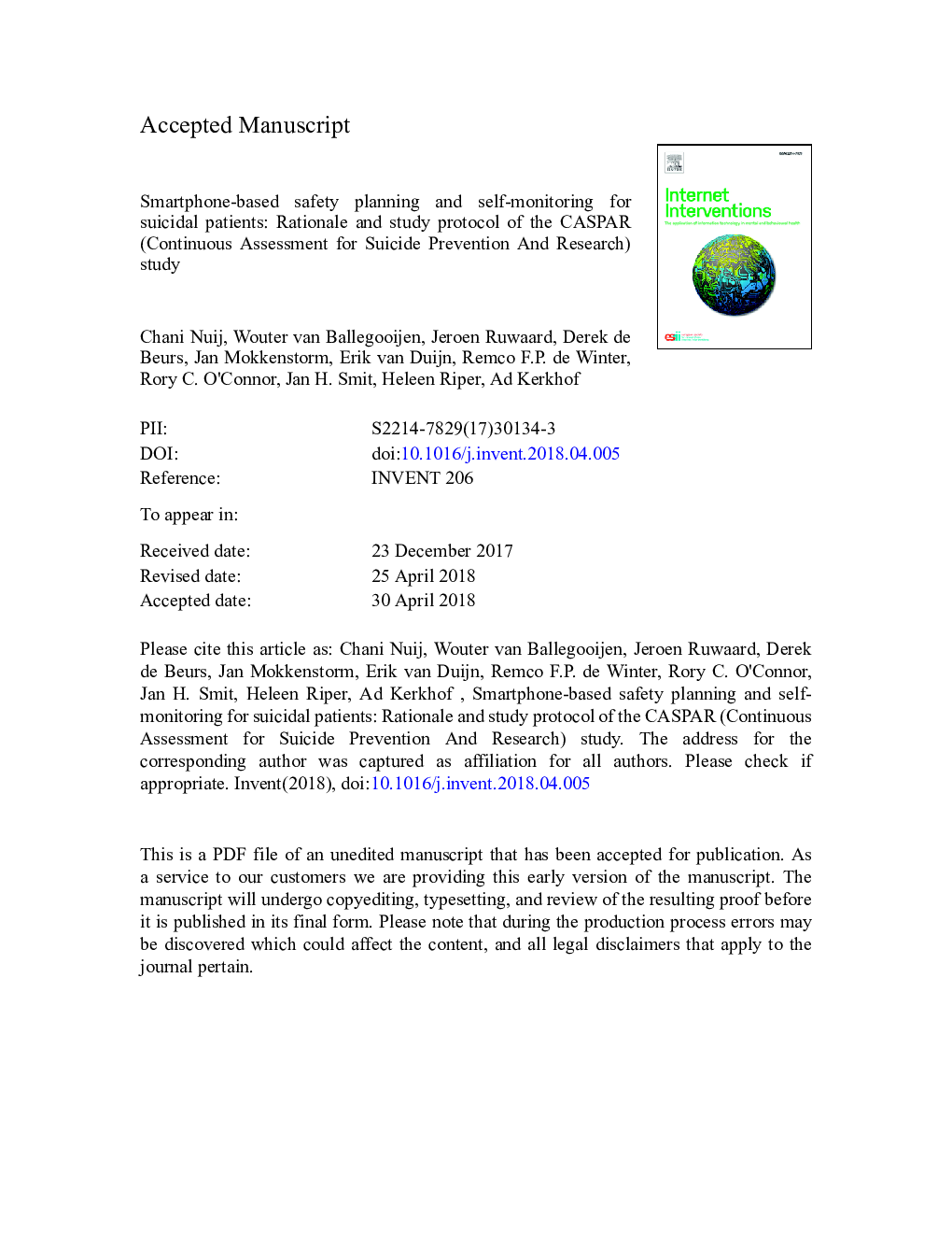 Smartphone-based safety planning and self-monitoring for suicidal patients: Rationale and study protocol of the CASPAR (Continuous Assessment for Suicide Prevention And Research) study