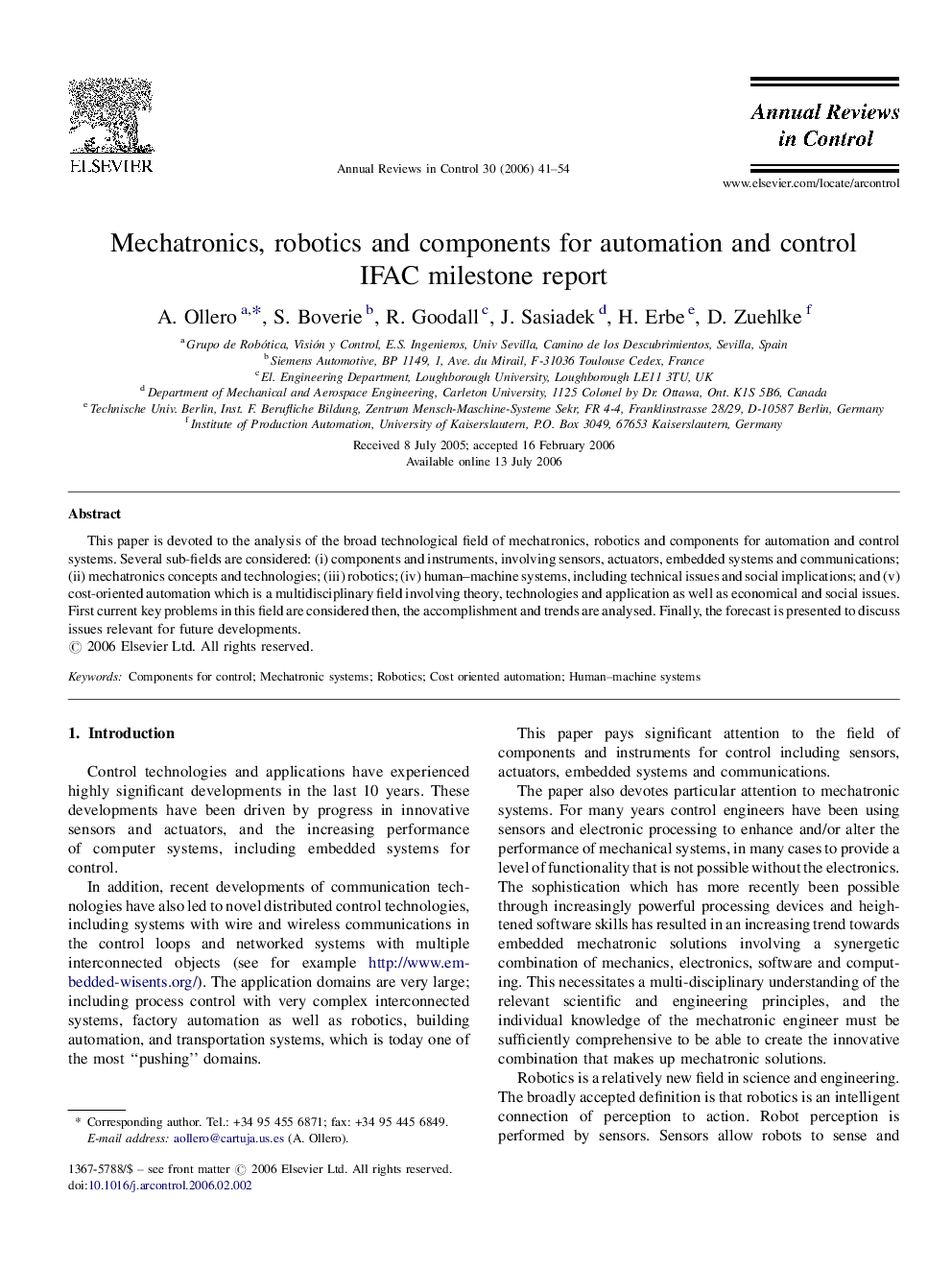 Mechatronics, robotics and components for automation and control: IFAC milestone report