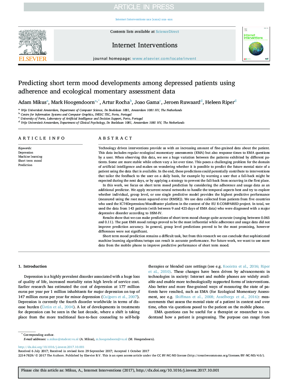 Predicting short term mood developments among depressed patients using adherence and ecological momentary assessment data