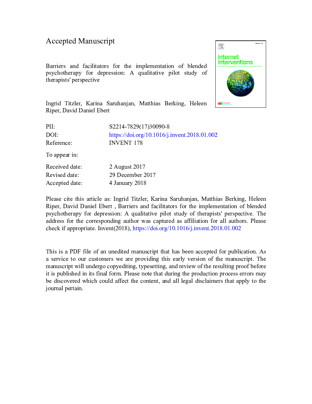 Barriers and facilitators for the implementation of blended psychotherapy for depression: A qualitative pilot study of therapists' perspective