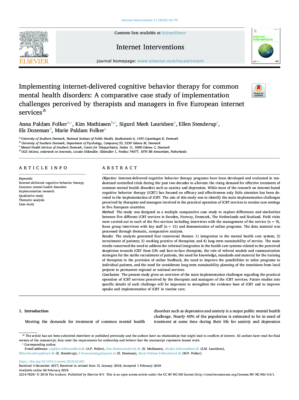 Implementing internet-delivered cognitive behavior therapy for common mental health disorders: A comparative case study of implementation challenges perceived by therapists and managers in five European internet services