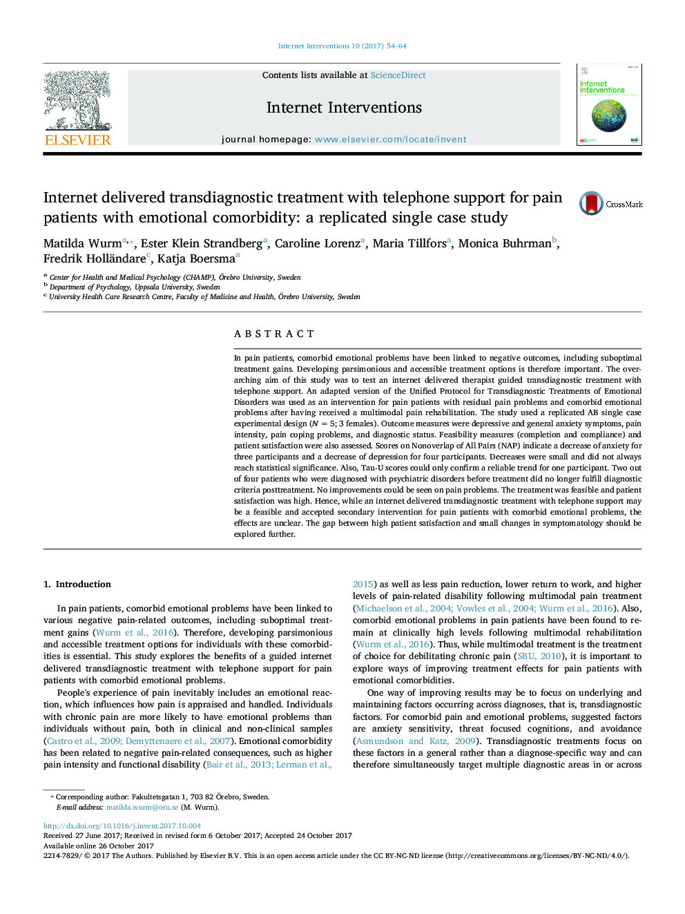 Internet delivered transdiagnostic treatment with telephone support for pain patients with emotional comorbidity: a replicated single case study