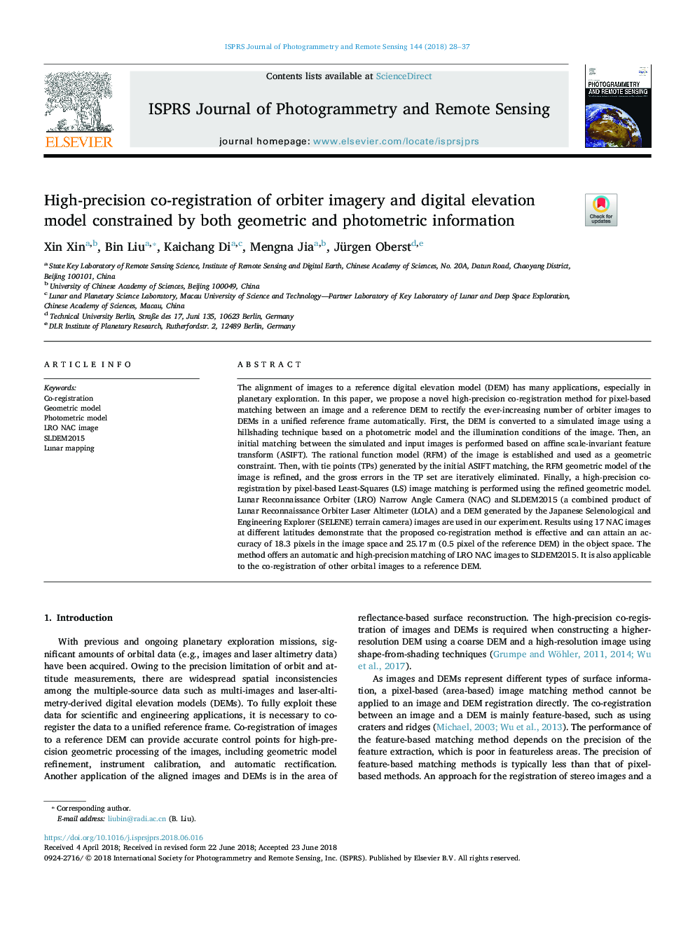 High-precision co-registration of orbiter imagery and digital elevation model constrained by both geometric and photometric information