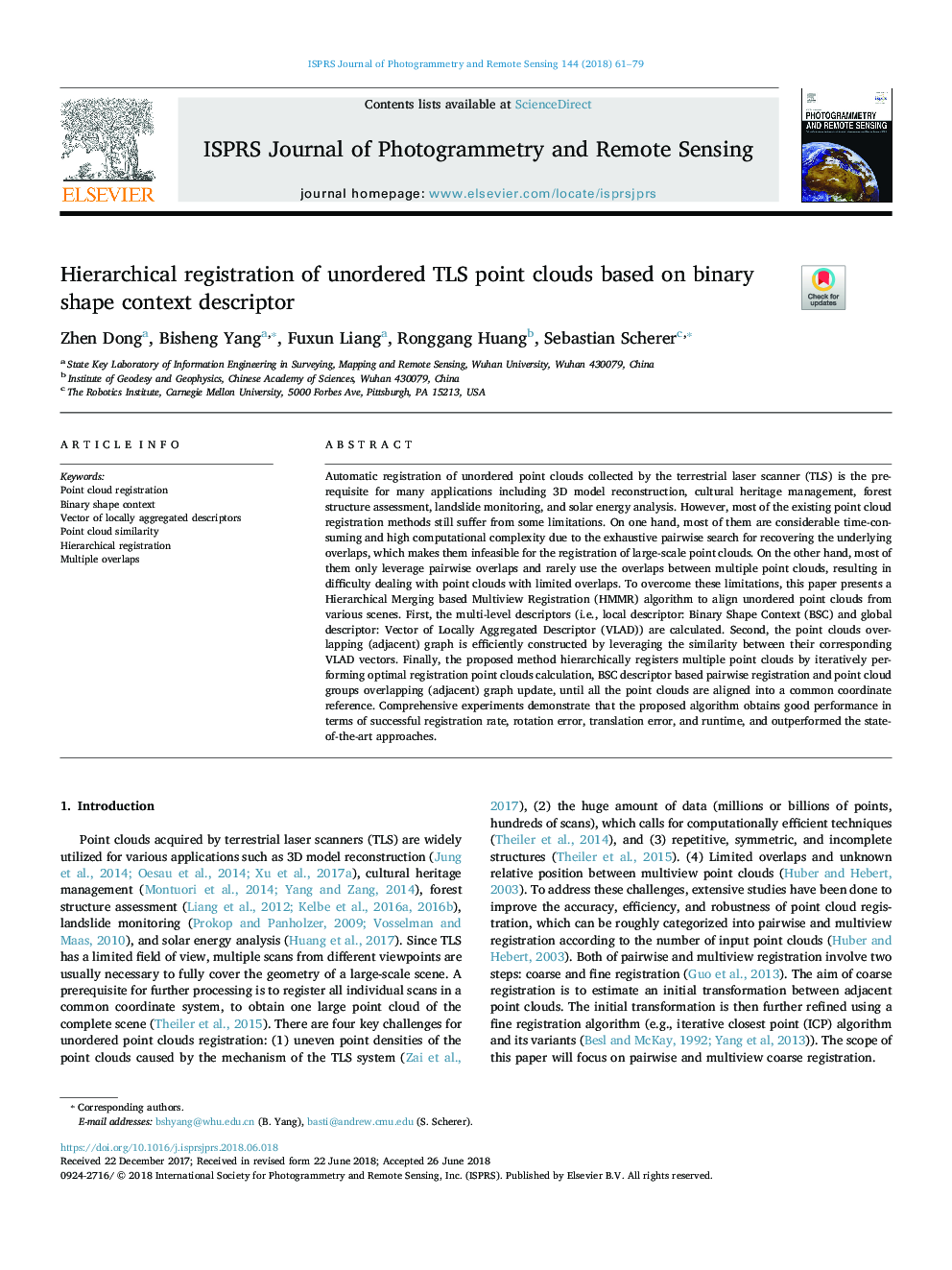 Hierarchical registration of unordered TLS point clouds based on binary shape context descriptor