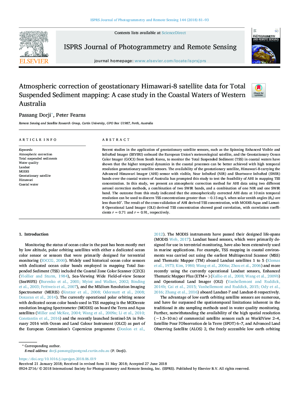 Atmospheric correction of geostationary Himawari-8 satellite data for Total Suspended Sediment mapping: A case study in the Coastal Waters of Western Australia