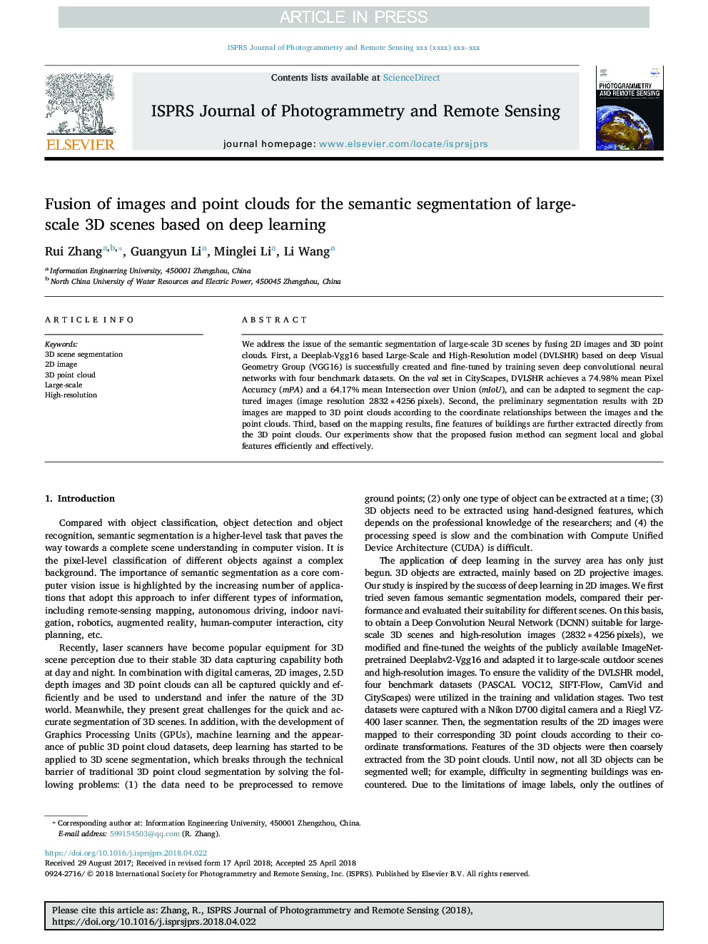 Fusion of images and point clouds for the semantic segmentation of large-scale 3D scenes based on deep learning