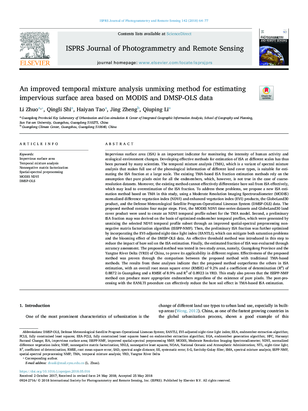 An improved temporal mixture analysis unmixing method for estimating impervious surface area based on MODIS and DMSP-OLS data