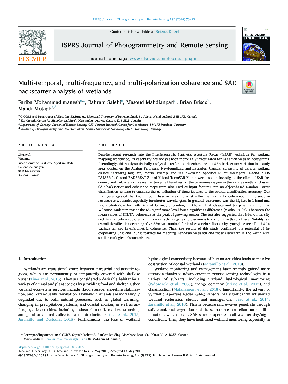 Multi-temporal, multi-frequency, and multi-polarization coherence and SAR backscatter analysis of wetlands