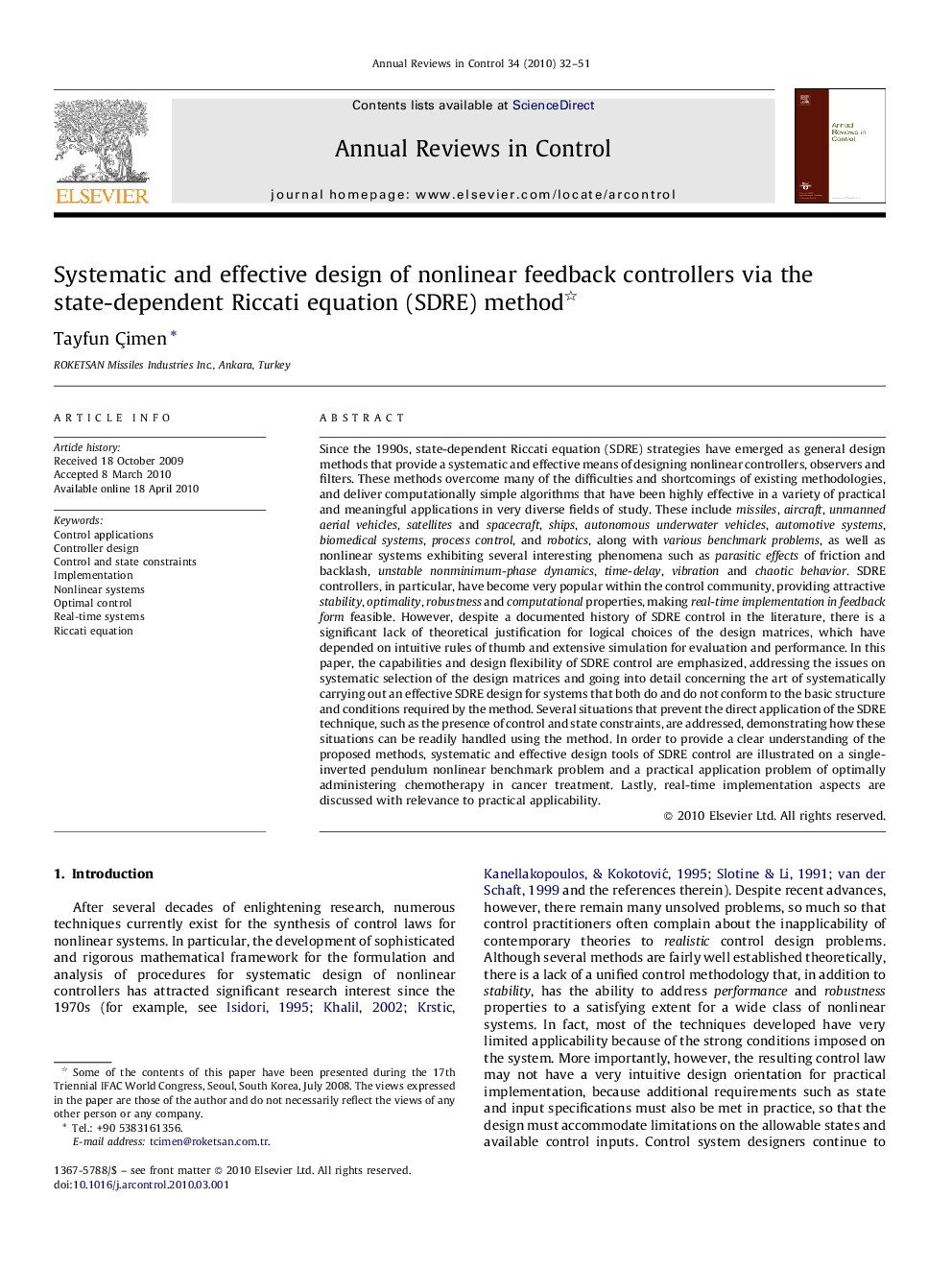 Systematic and effective design of nonlinear feedback controllers via the state-dependent Riccati equation (SDRE) method 