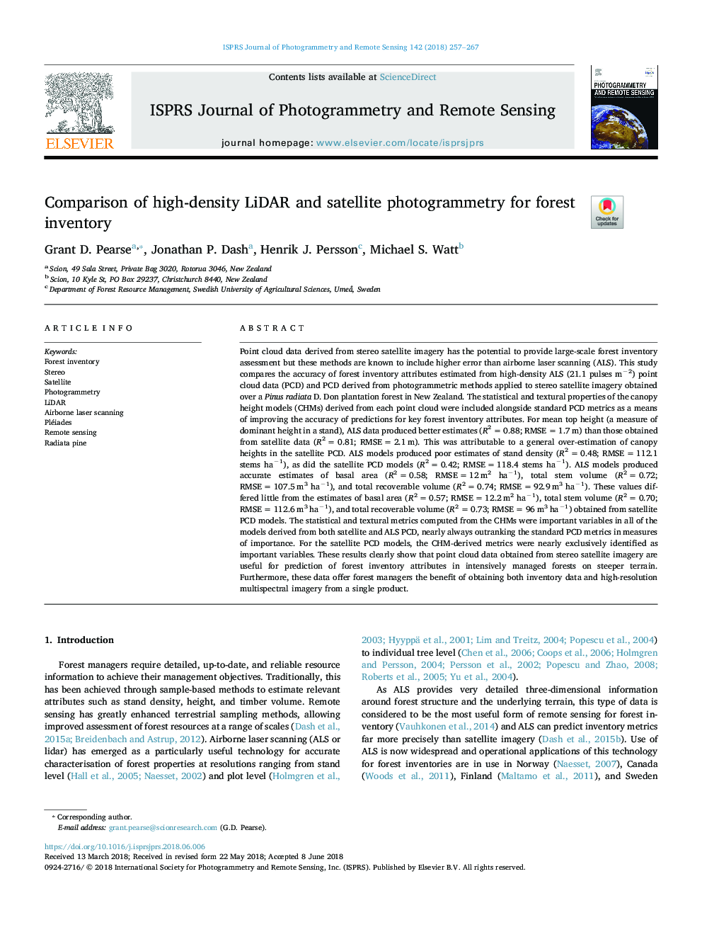 Comparison of high-density LiDAR and satellite photogrammetry for forest inventory