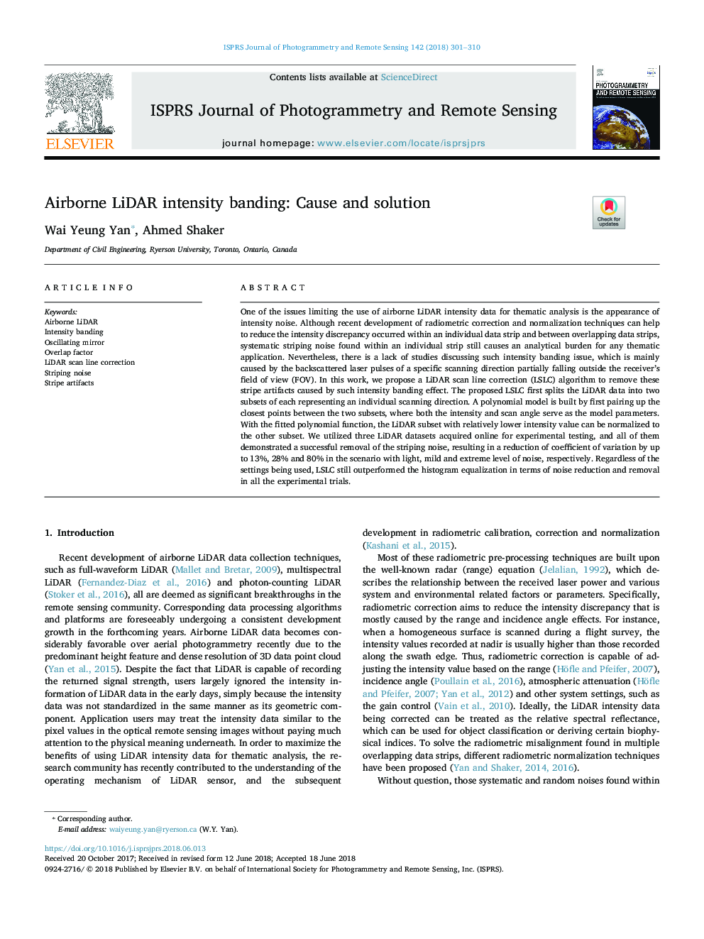 Airborne LiDAR intensity banding: Cause and solution