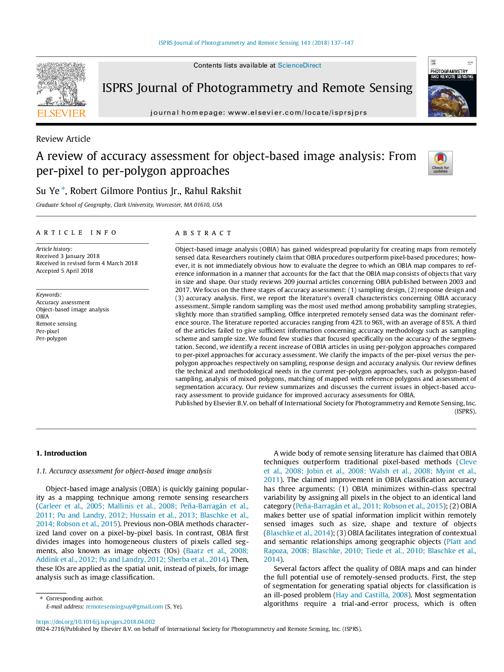 A review of accuracy assessment for object-based image analysis: From per-pixel to per-polygon approaches