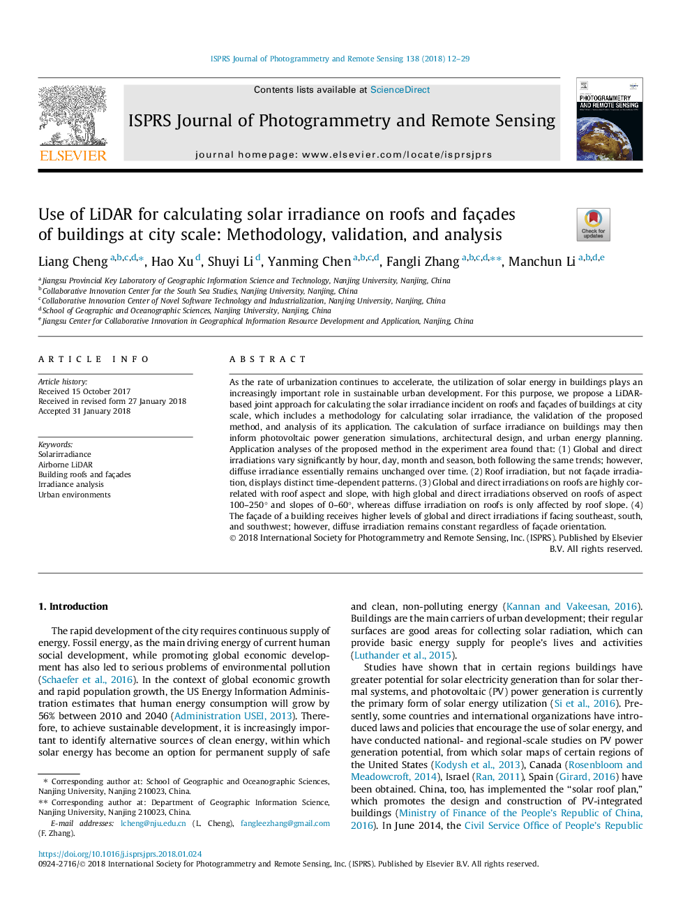 RETRACTED: Use of LiDAR for calculating solar irradiance on roofs and façades of buildings at city scale: Methodology, validation, and analysis