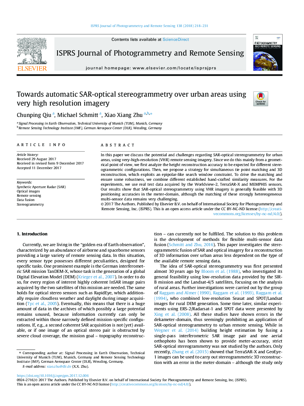 Towards automatic SAR-optical stereogrammetry over urban areas using very high resolution imagery