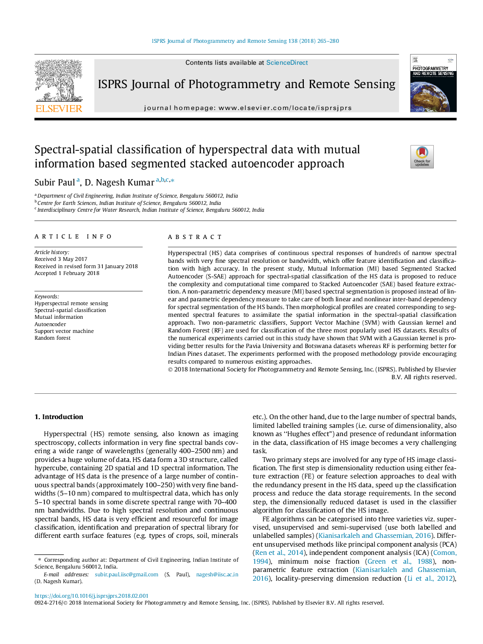 عکس صفحه اول مقاله: Spectral-spatial classification of hyperspectral data with mutual information based segmented stacked autoencoder approach Spectral-spatial classification of hyperspectral data with mutual information based segmented stacked autoencoder approach