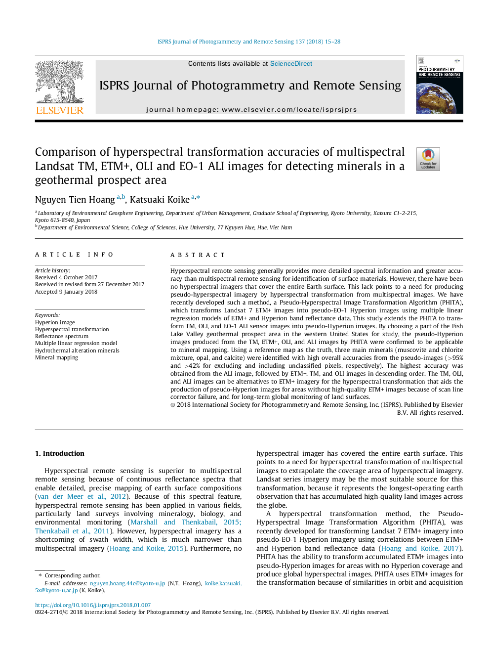 Comparison of hyperspectral transformation accuracies of multispectral Landsat TM, ETM+, OLI and EO-1 ALI images for detecting minerals in a geothermal prospect area