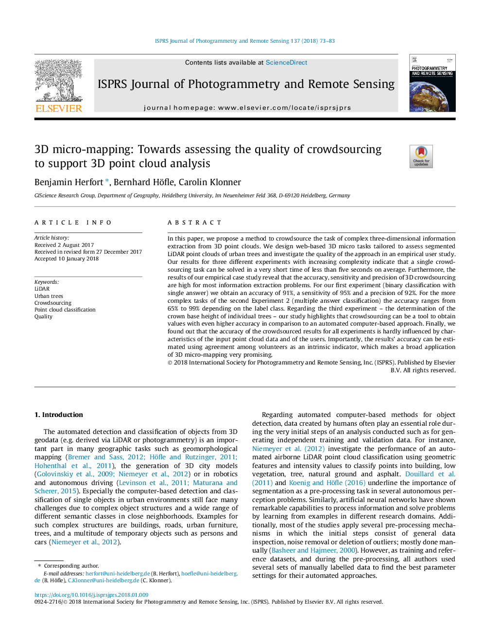 3D micro-mapping: Towards assessing the quality of crowdsourcing to support 3D point cloud analysis