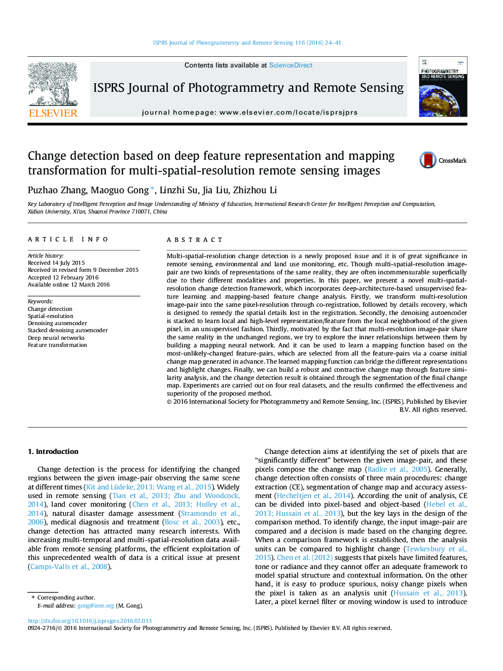 Change detection based on deep feature representation and mapping transformation for multi-spatial-resolution remote sensing images