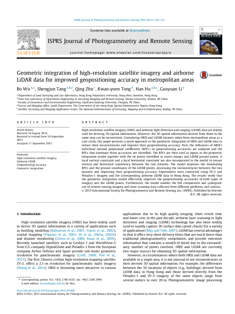 Geometric integration of high-resolution satellite imagery and airborne LiDAR data for improved geopositioning accuracy in metropolitan areas