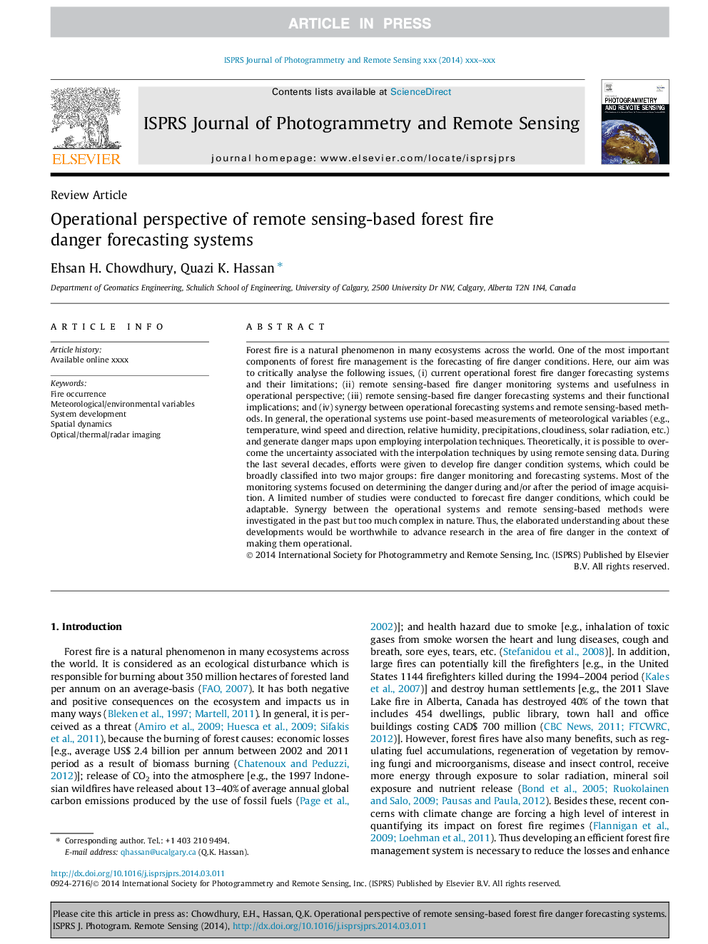 Operational perspective of remote sensing-based forest fire danger forecasting systems