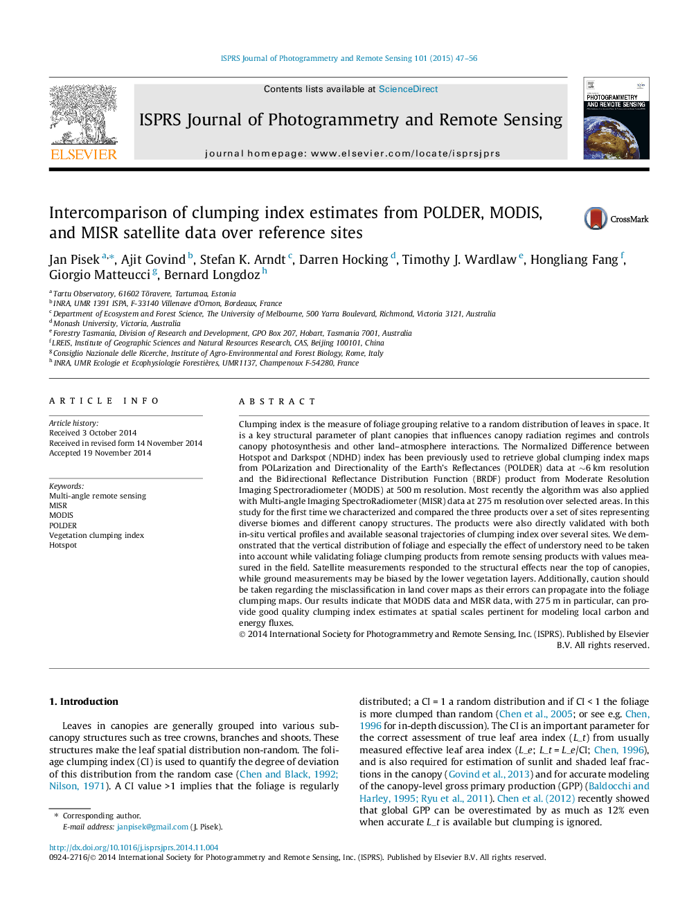 Intercomparison of clumping index estimates from POLDER, MODIS, and MISR satellite data over reference sites