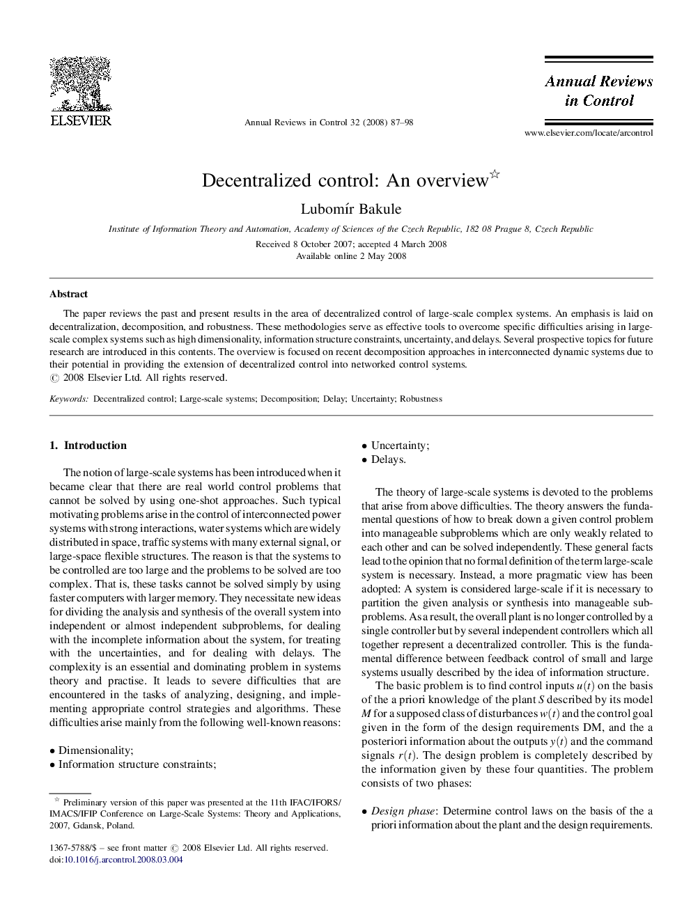 Decentralized control: An overview 