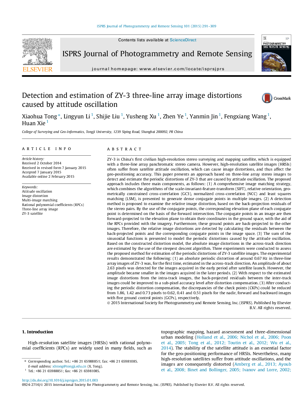 Detection and estimation of ZY-3 three-line array image distortions caused by attitude oscillation