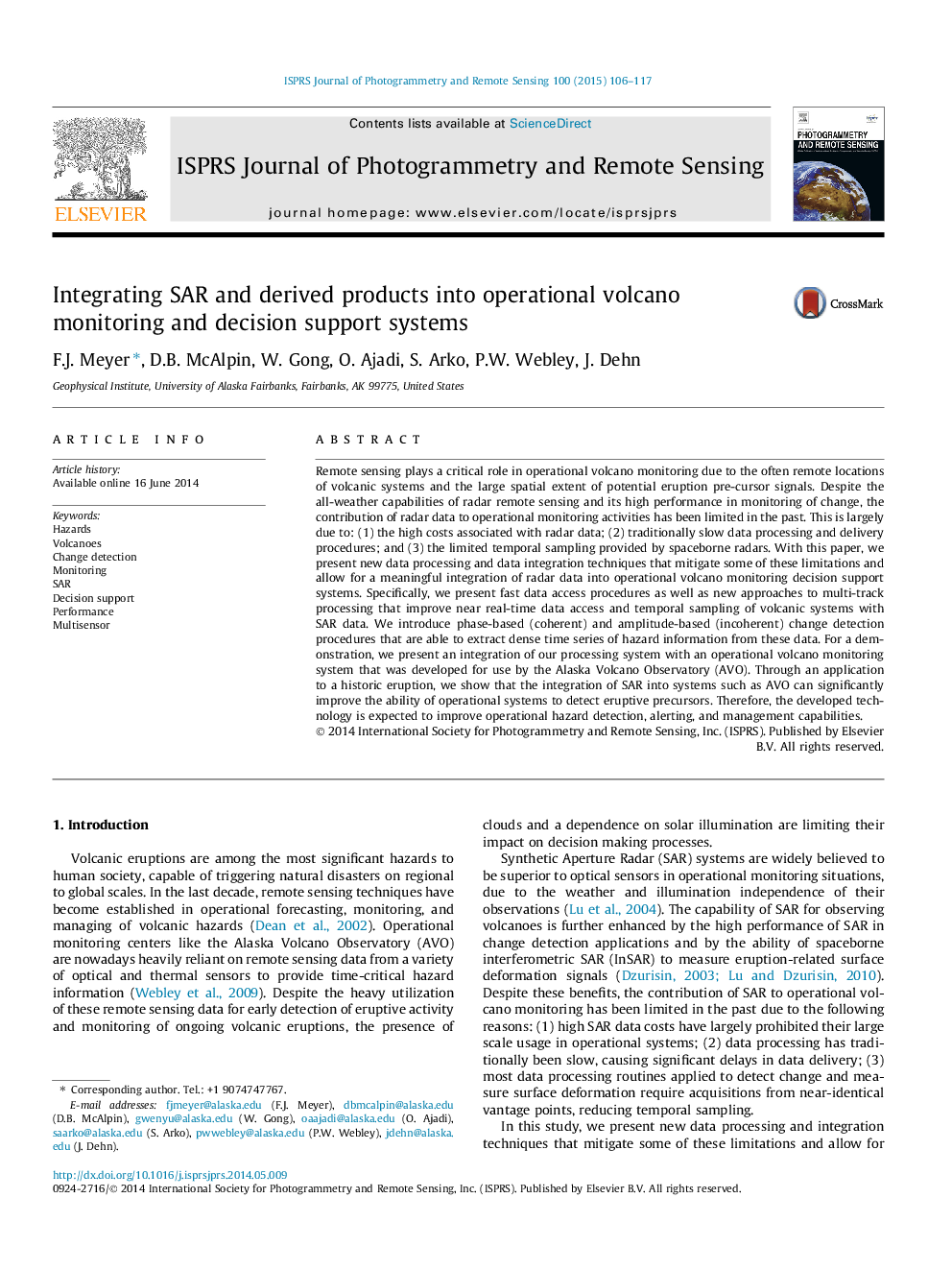 Integrating SAR and derived products into operational volcano monitoring and decision support systems