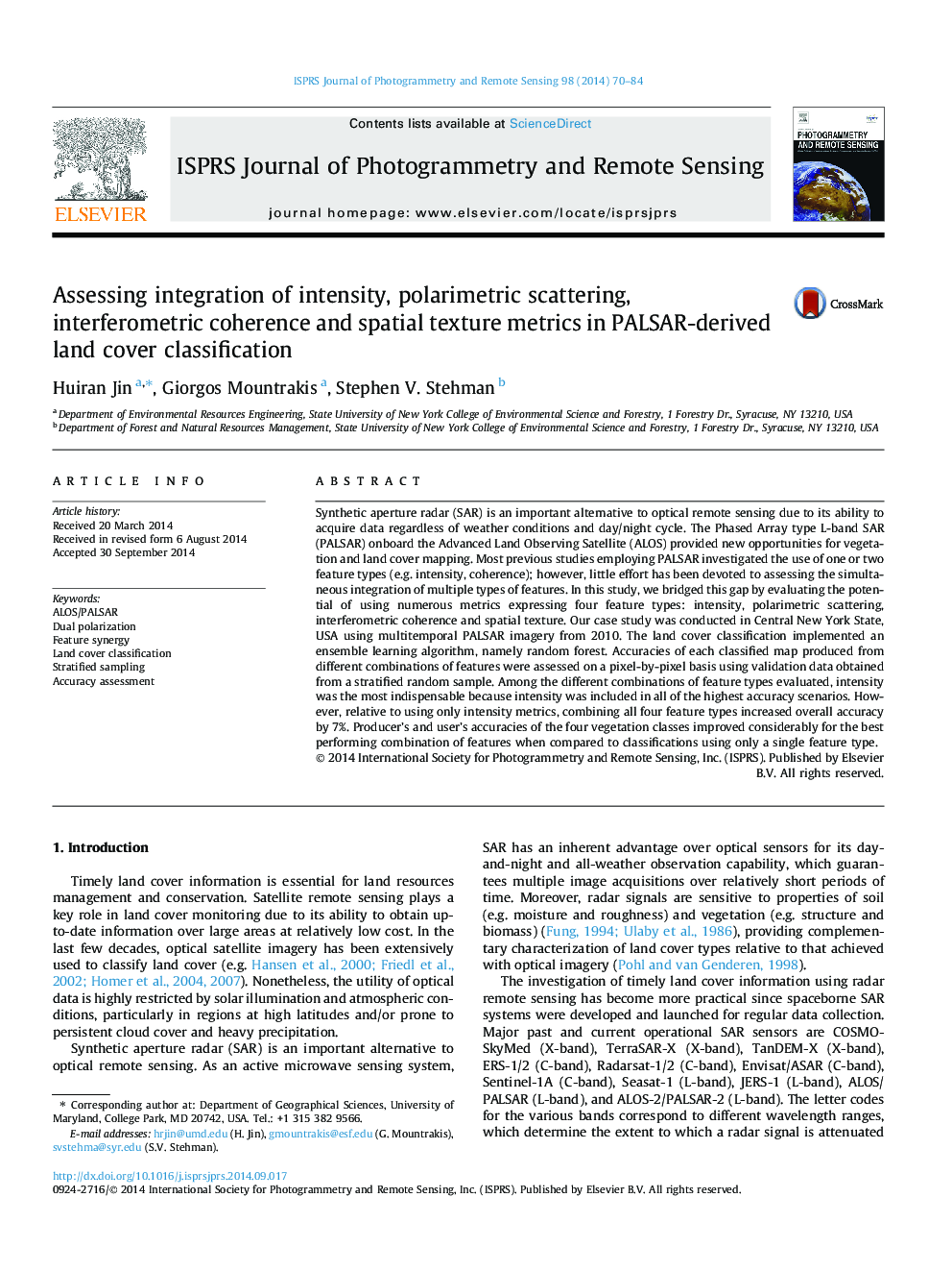 Assessing integration of intensity, polarimetric scattering, interferometric coherence and spatial texture metrics in PALSAR-derived land cover classification