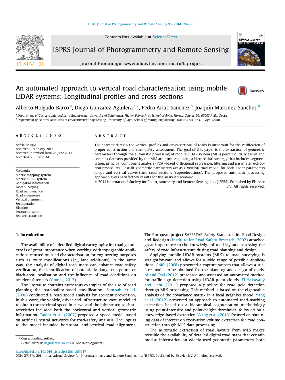 An automated approach to vertical road characterisation using mobile LiDAR systems: Longitudinal profiles and cross-sections