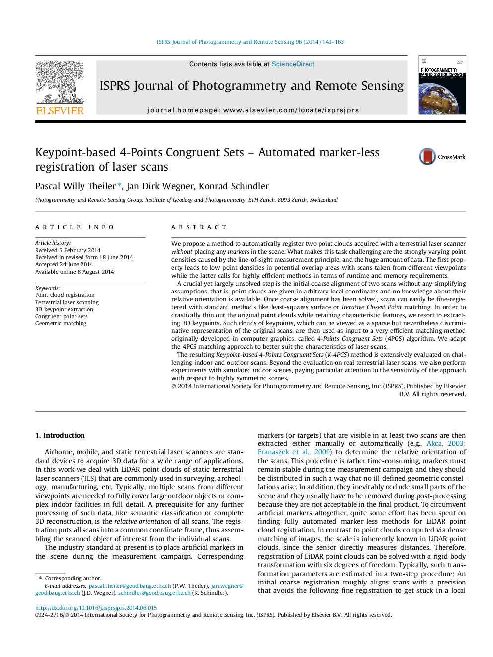 Keypoint-based 4-Points Congruent Sets - Automated marker-less registration of laser scans