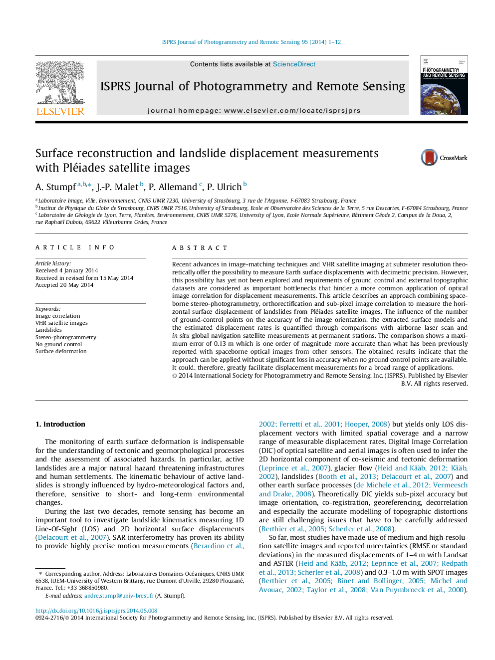 Surface reconstruction and landslide displacement measurements with Pléiades satellite images