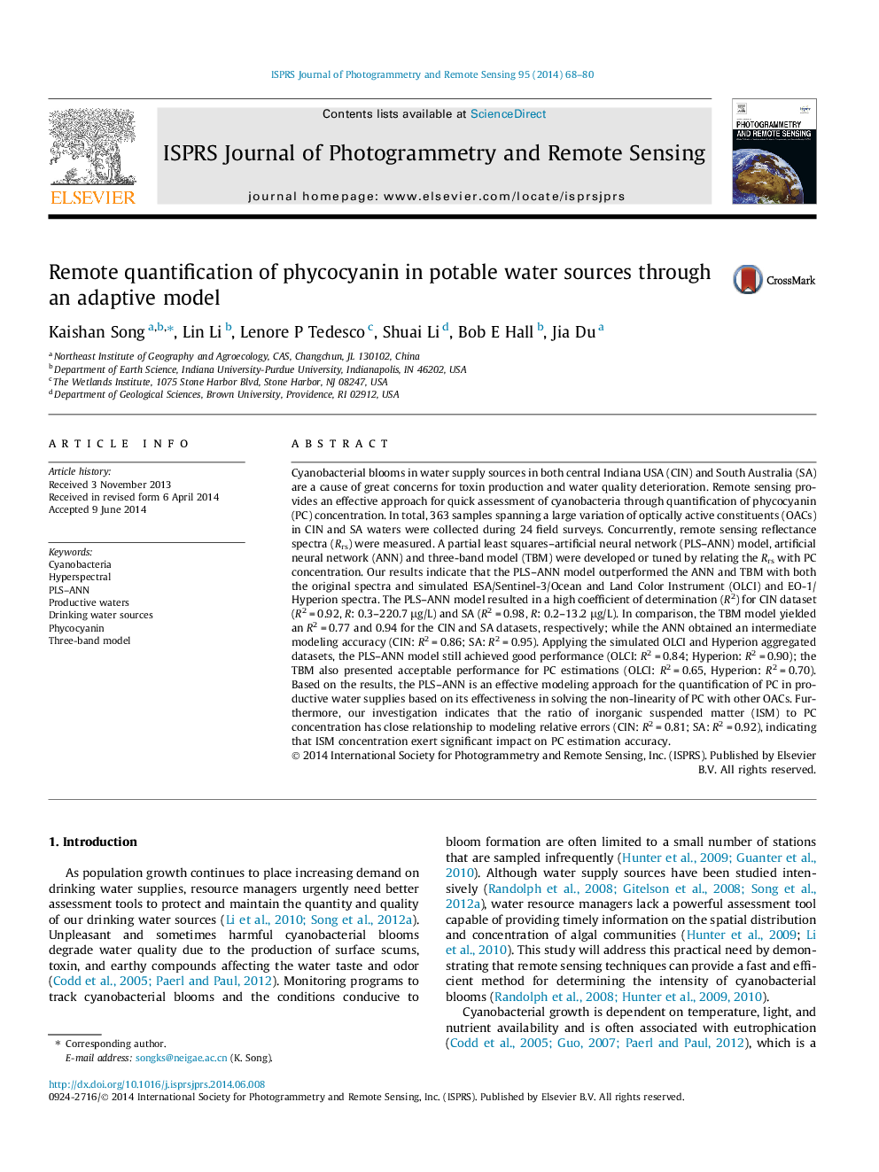 Remote quantification of phycocyanin in potable water sources through an adaptive model