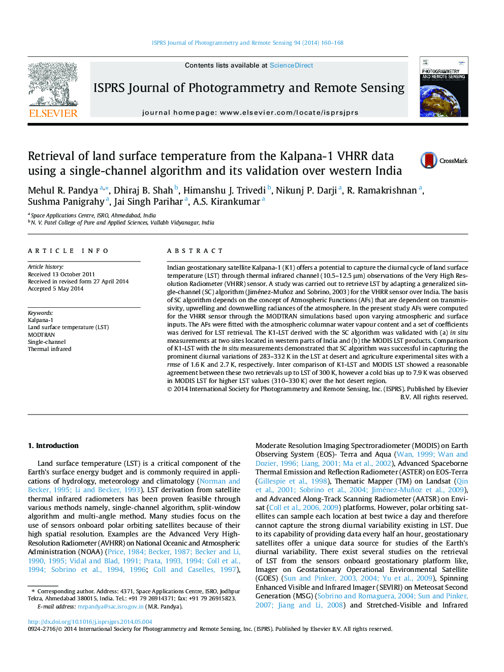 Retrieval of land surface temperature from the Kalpana-1 VHRR data using a single-channel algorithm and its validation over western India