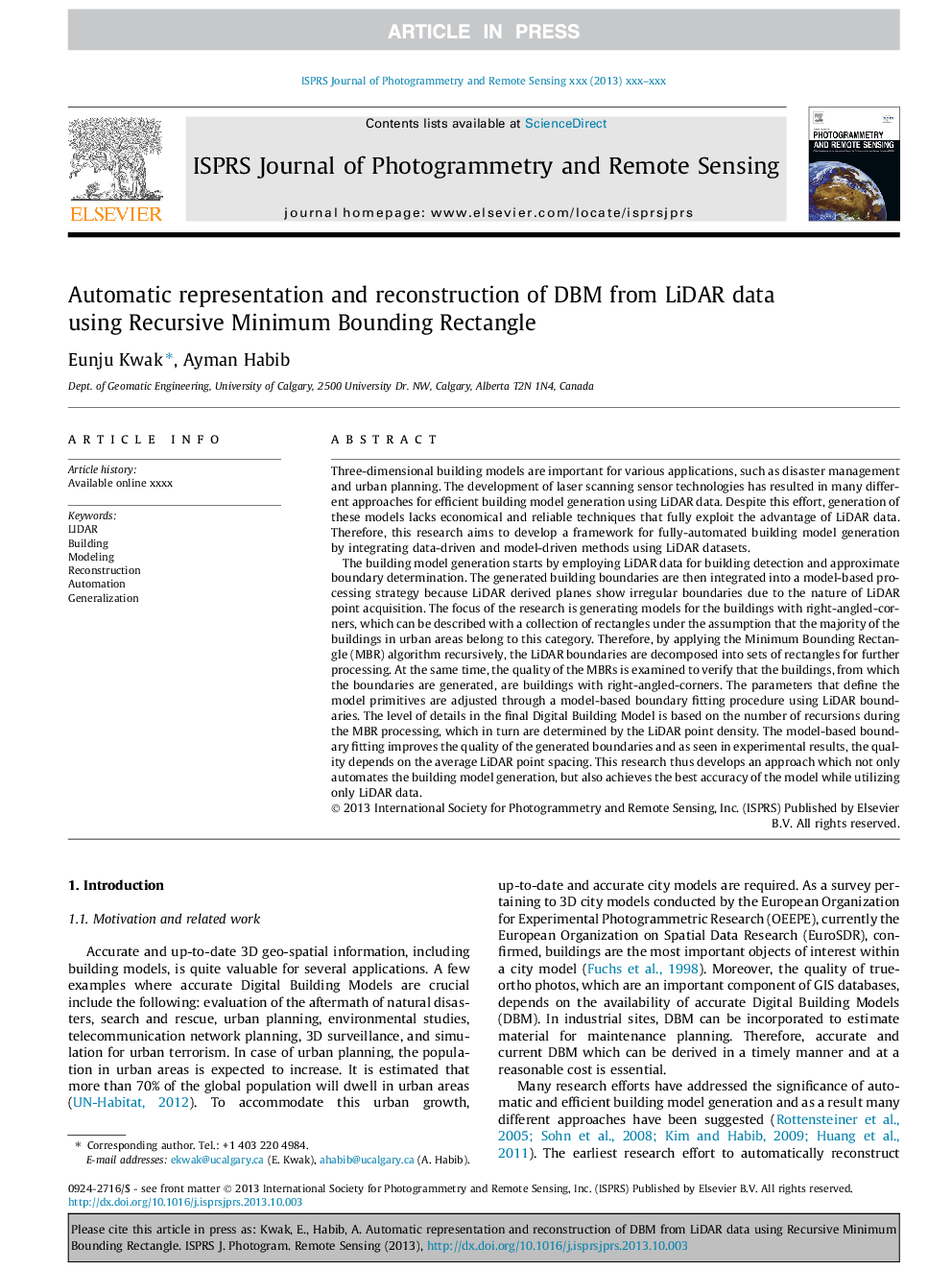 Automatic representation and reconstruction of DBM from LiDAR data using Recursive Minimum Bounding Rectangle